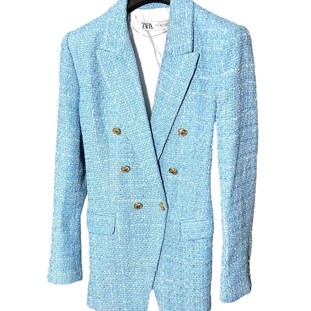 Zara Sky Blue Tweed Double-Breasted Blazer with Gold Buttons